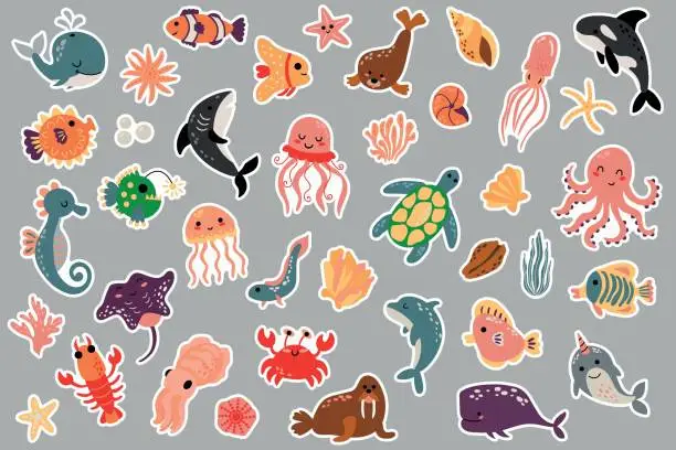 Vector illustration of A set of stickers with sea creatures. Undersea world.
