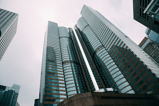 Hong Kong, China - April 2023: Modern financial office buildings in Central Hong Kong