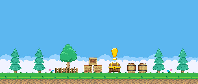 8bit colorful simple vector pixel art horizontal illustration of cartoon quest treasure chest between the trees near the wooden crates and barrel in retro video game platformer level style