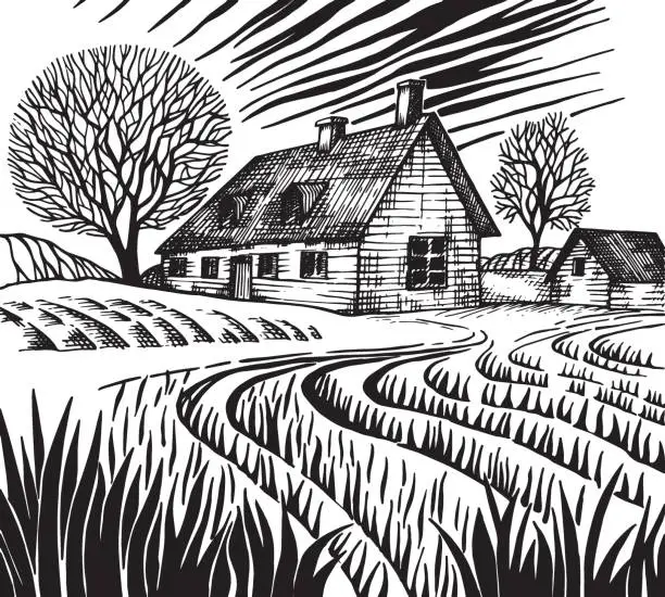 Vector illustration of drawing in sketch style, farm landscape. with field and farm house. stylized illustration, engraving