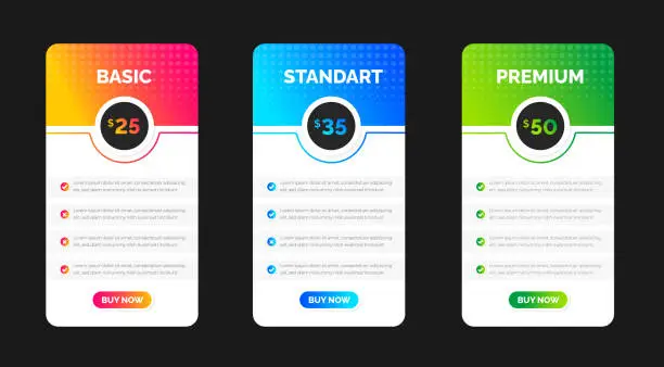 Vector illustration of UI UX app pricing chart table Subscription design or website Pricing chart table design template. Product Plan Offer Price Package Subscription Options Comparison Table Chart Infographic Design.