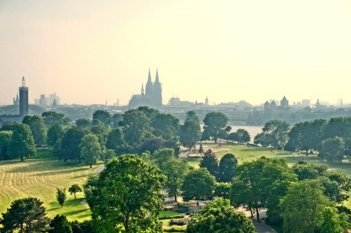 Park in Cologne with cathedral in the background