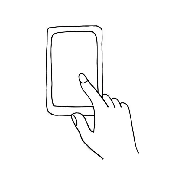 Vector illustration of Mobile phone and thumb pressing on the screen. Communication means. Doodle. Vector illustration. Hand drawn. Outline.