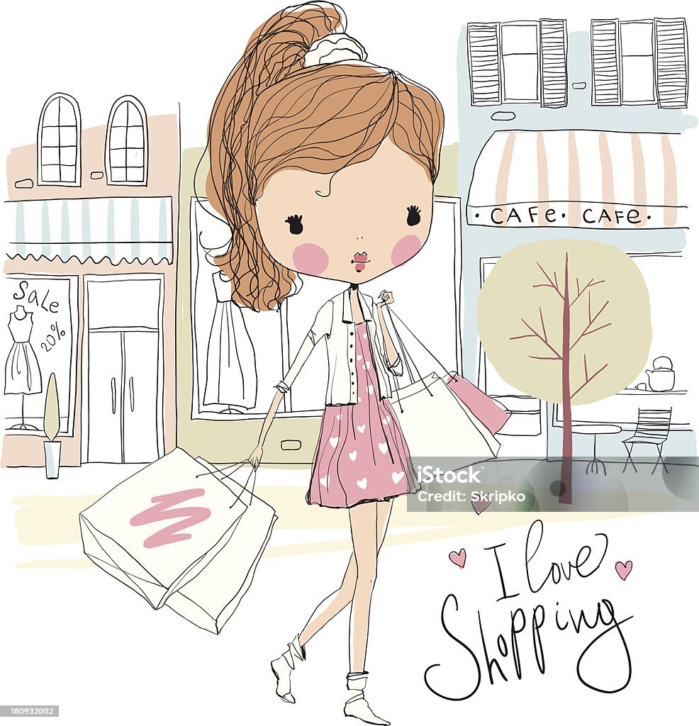 A Cartoon Doll Girl With Shopping Bags On The Street Stock Illustration -  Download Image Now - iStock