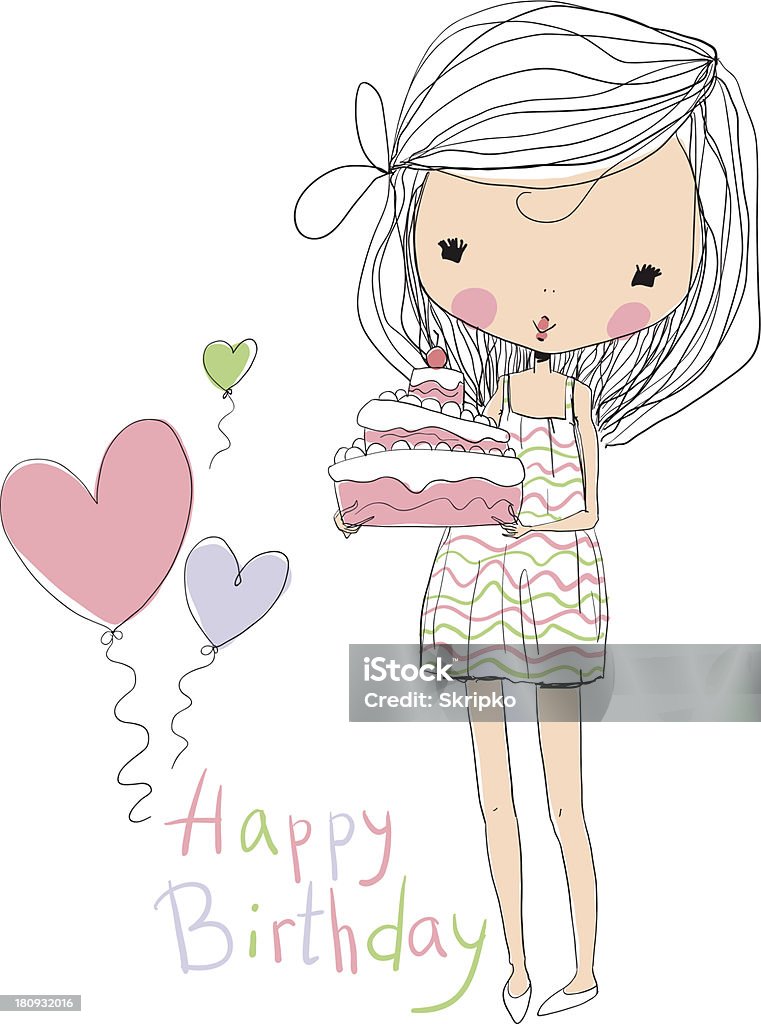 Dolce ragazza con torta di compleanno - arte vettoriale royalty-free di Adolescente