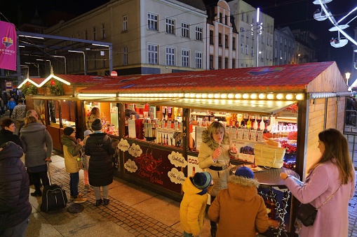 People visit food stands at the Christmas Market in Katowice, Poland.
