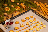 Christmas linzer cookies on the baking tray