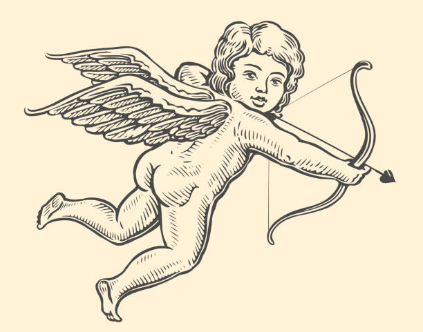 амур целится из лука и стрел. символ дня святого валентина. летающий ангел-ребенок, векторная иллюстрация - cupid stock illustrations
