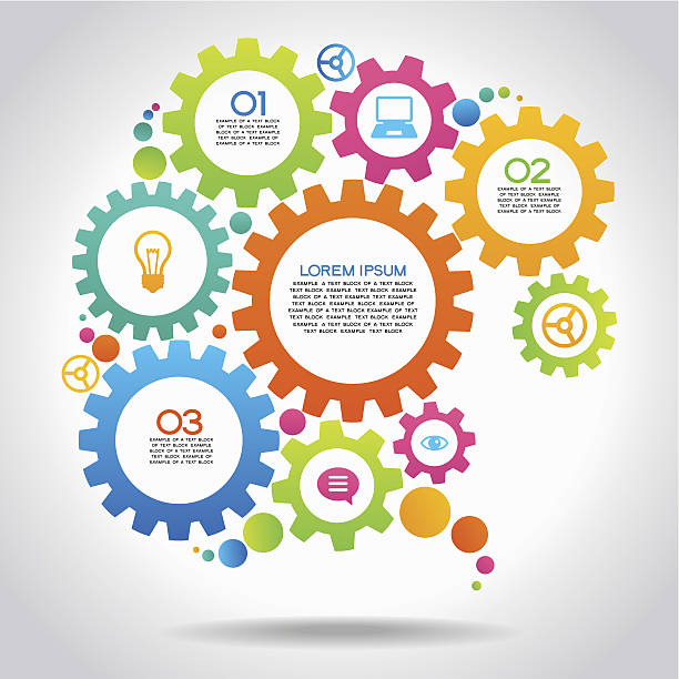Infographic design template with gear Vector Illustration of infographic design template with gear and icons. File is saved in AI10 EPS version. This illustration contains a transparency construction company brochure template stock illustrations