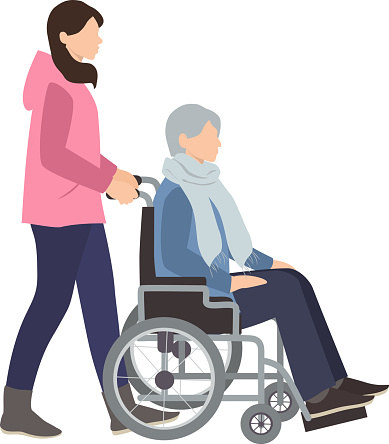 Young person accompanying and helping an elderly person in a wheelchair