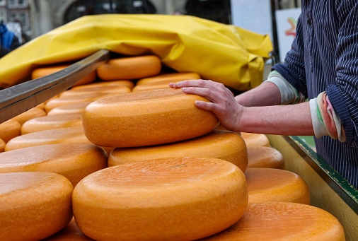 Traditional Dutch Gouda cheese at a street stall on Thursday traditional cheese market  day in Gouda, the Netherlands