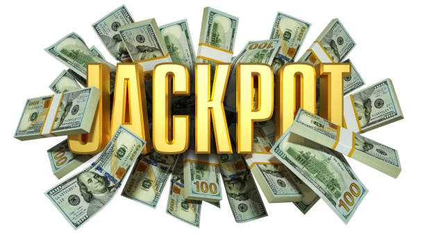 US dollar notes spread behind 3D golden Jackpot text. 3d text in front of of bank notes.3d rendering