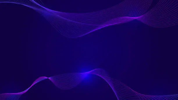 Vector illustration of Dynamic blue and purple particle wave on dark blue abstract background. Abstract sound visualization. Digital structure of the wave flow of luminous particles.
