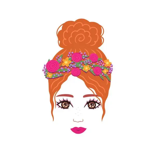 Vector illustration of red hair girl with beauty flower wreath
