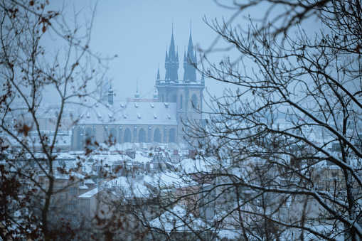 landscape in winter in Prague, Czech Republic with church of our lady before tyn through the tree branches.