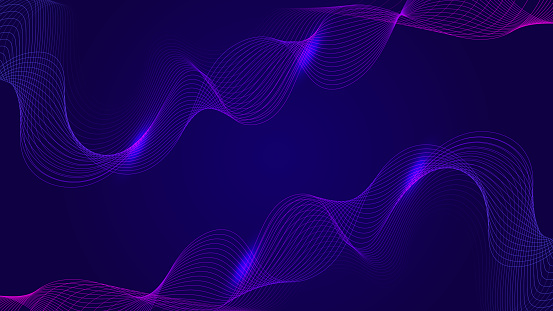 Dynamic blue and purple particle wave on dark blue abstract background. Abstract sound visualization. Digital structure of the wave flow of luminous particles.