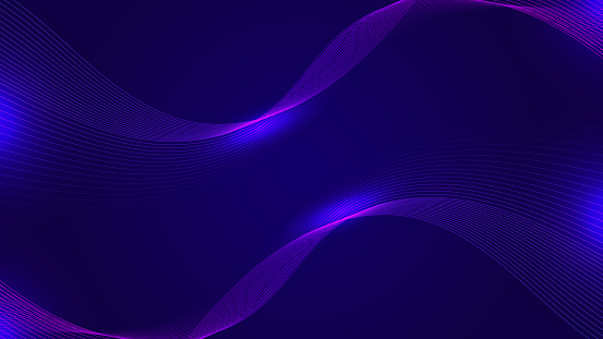 Dynamic blue and purple particle wave on dark blue abstract background. Abstract sound visualization. Digital structure of the wave flow of luminous particles.