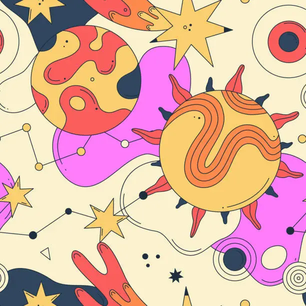 Vector illustration of Seamless pattern. Vibrant vector illustration with abstract planets, stars. Groovy galactic. Cartoon space. Playful, surreal style. Psychedelic mood