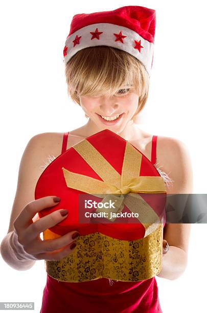 Attractive Female With Christmas Present Stock Photo - Download Image Now - Adult, Adults Only, Anniversary