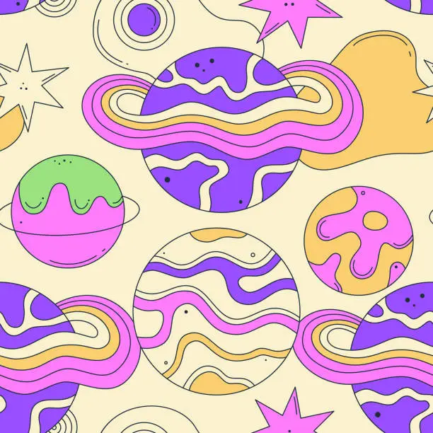 Vector illustration of Seamless pattern. Vibrant vector illustration with abstract planets, stars. Groovy galactic. Cartoon space. Playful, surreal style. Psychedelic mood