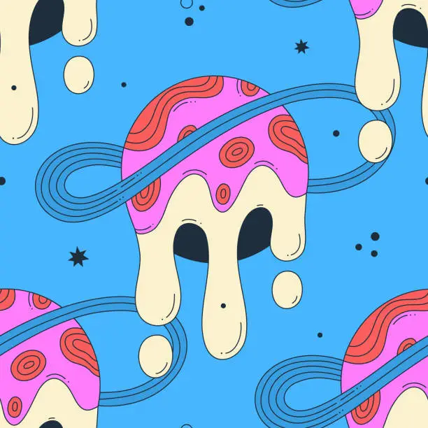 Vector illustration of Seamless pattern. Vibrant vector illustration with melting planet. Groovy galactic. Cartoon space. Playful, surreal style. Psychedelic mood