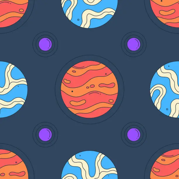 Vector illustration of Seamless pattern. Dark vector illustration with abstract planet, star. Groovy galactic. Cartoon space. Playful, magic style