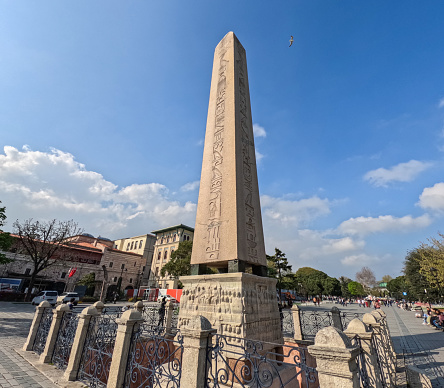 Egyptian Obelisk of Theodosius on a Sultanahmet Square in Istanbul, Turkey. Low-angle view.