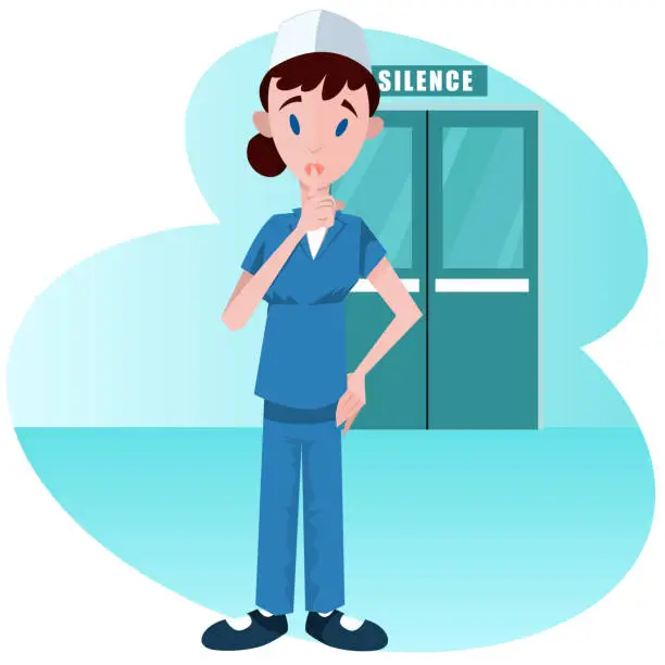 Vector illustration of A nurse in a hospital intensive care unit, gesturing for silence with her finger over her lips. File prepared for motion design.