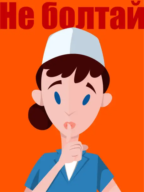 Vector illustration of Don't Chatter Poster: Nurse Gesturing Silence with Finger on Lips - Russian