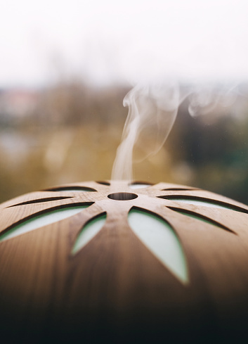 Air humidifier. Aroma diffuser close-up. A stream of steam close-up and other details blurry. The composition creates a romantic mood. Muted tones, window view and slowly rising cold steam