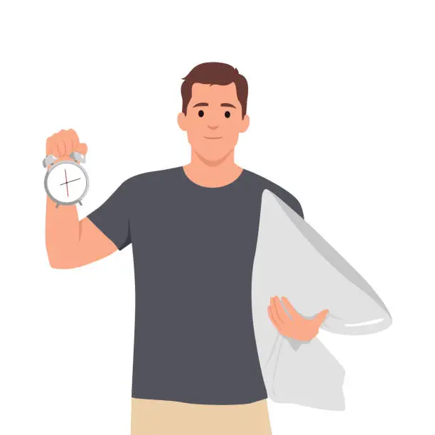 Vector illustration of Man is standing with a pillow and a clock.