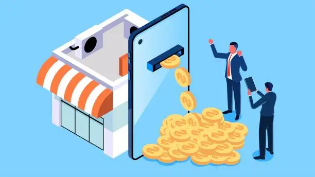 Vector illustration of pen an online store, Internet promotion and marketing, sell products on the Internet and get profits, open an online store to make money, isometric merchants get rich profits from the inside of the cell phone connected to the store