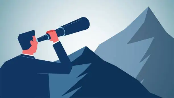 Vector illustration of Business or career forecasts, business goals and plans, new pursuits and goals, challenging the odds to achieve a goal, businessman standing at the top of a mountain with binoculars to see further up the mountain