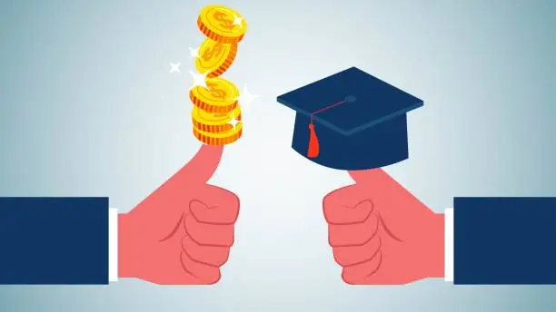 Vector illustration of Great education requires paying more money, money and education, graduation caps on thumbs vs. piles of gold coins on thumbs