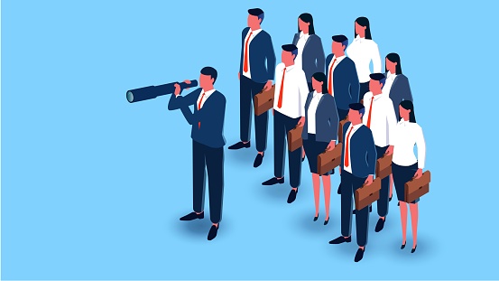 Leadership, team leader or captain, helps team find career, business opportunities or find solutions, isometric leader stands in front of team group members with binoculars looking into the distance