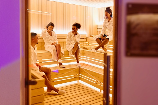 Multiracial people relaxing in the infrared sauna