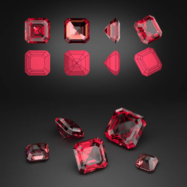 istock Demonstration of a asscher cut ruby from different angles. Scheme of cutting. Scattering of gemstones. 3d rendering. 1809410676