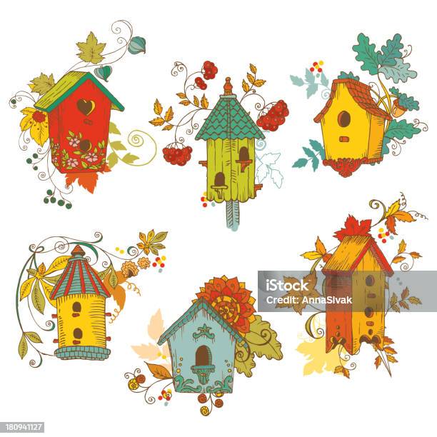 Outono De Ramos E Birdhouses Decorativos - Arte vetorial de stock e mais imagens de Artigo de Decoração - Artigo de Decoração, Casa de Pássaro, Castanho