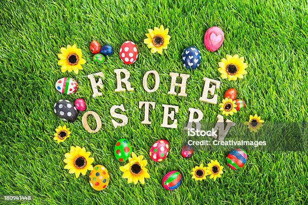 Happy Easter Eggs On Grass Stock Photo - Download Image Now - Animal Egg, Beauty, Black Color