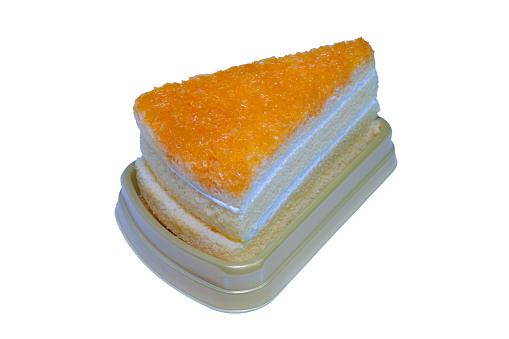 Colorful and delicious orange flavored cake. They are placed on an easily distinguishable white background.