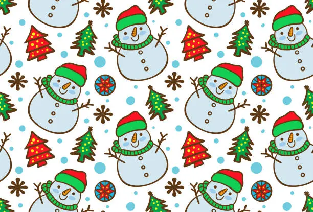 Vector illustration of Funny Christmas snowman with Christmas tree and decorative objects seamless pattern