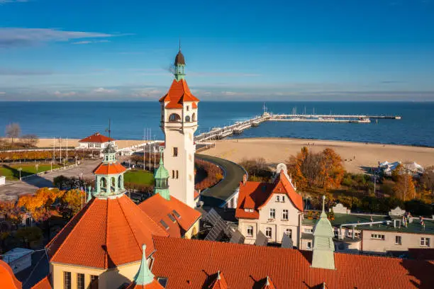 Aerial view of the Sopot city by the Baltic Sea at autumn, Poland