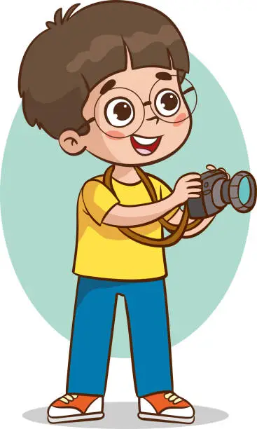 Vector illustration of Cute little kid with camera. Vector illustration of a little kid.photographer children shooting