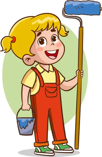 Vector illustration of vector illustration of Cute Little kid Holding a Paint Roller