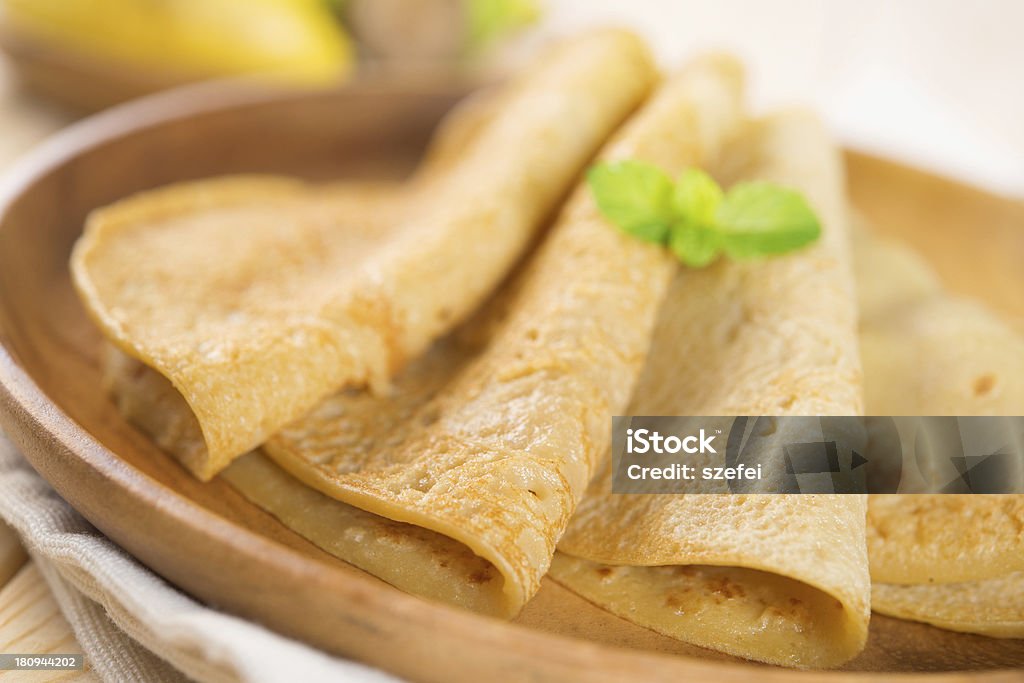 banana pancake Close up Asian style breakfast homemade banana pancakes or crepe on dining table. Asia Stock Photo