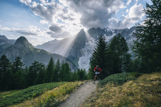 istock Trail runner bounds along mountain trail 1809452444