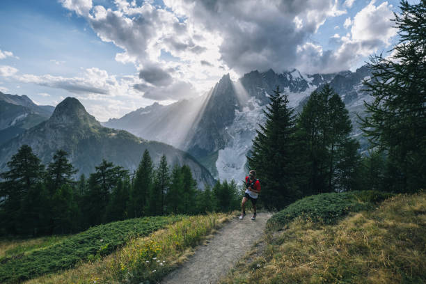 istock Trail runner bounds along mountain trail 1809454169