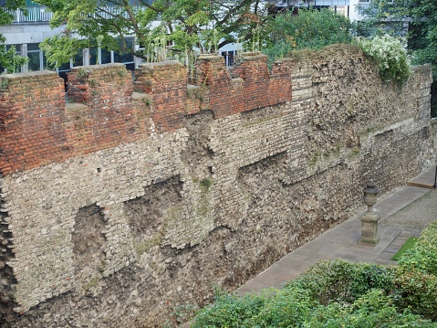 ruins of old roman city walls in London, UK