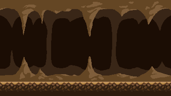 Pixel art game background, underground cave with stalactites and stalagmites. Vector 8-bit retro video game seamless cavern background