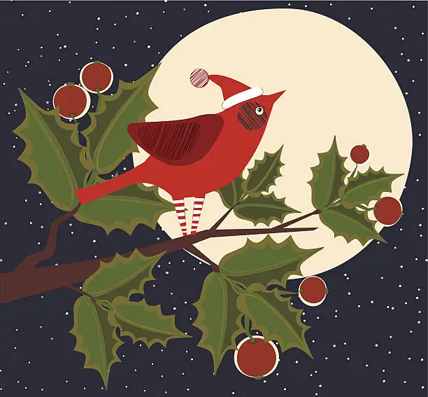 Vector illustration of Cardinal On Holly Tree, Moon, Winter
